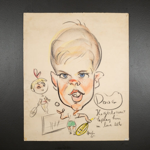 MIDCENTURY CARICATURE TENNIS PLAYER, PASTELS ON PAPER C1950