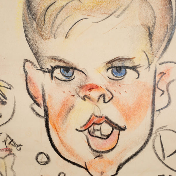 MIDCENTURY CARICATURE TENNIS PLAYER, PASTELS ON PAPER C1950