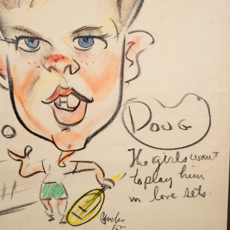 MIDCENTURY CARICATURE TENNIS PLAYER, PASTELS ON PAPER C1950