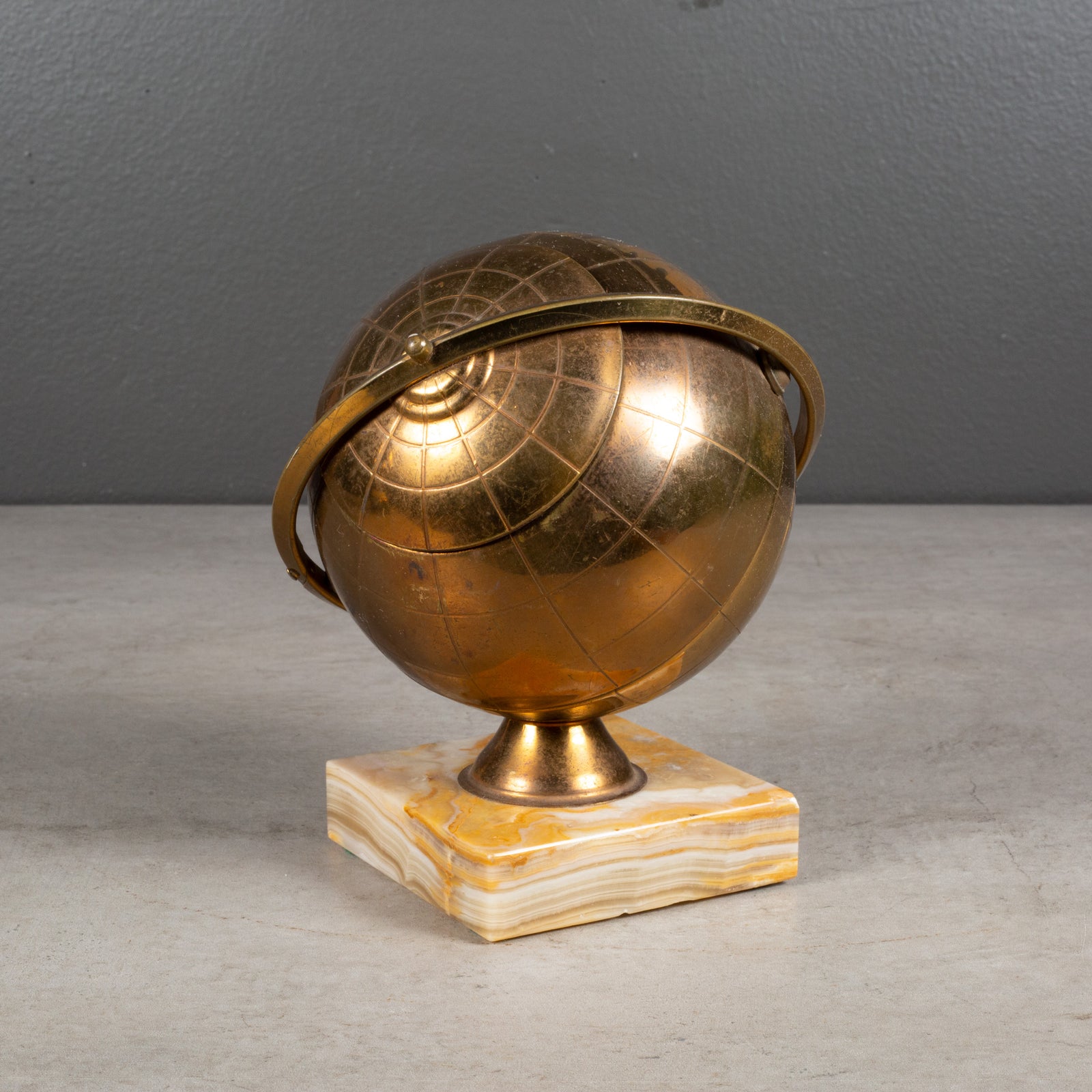 Mid-century Brass Globe Cigarette Holder Mounted on Marble c.1960