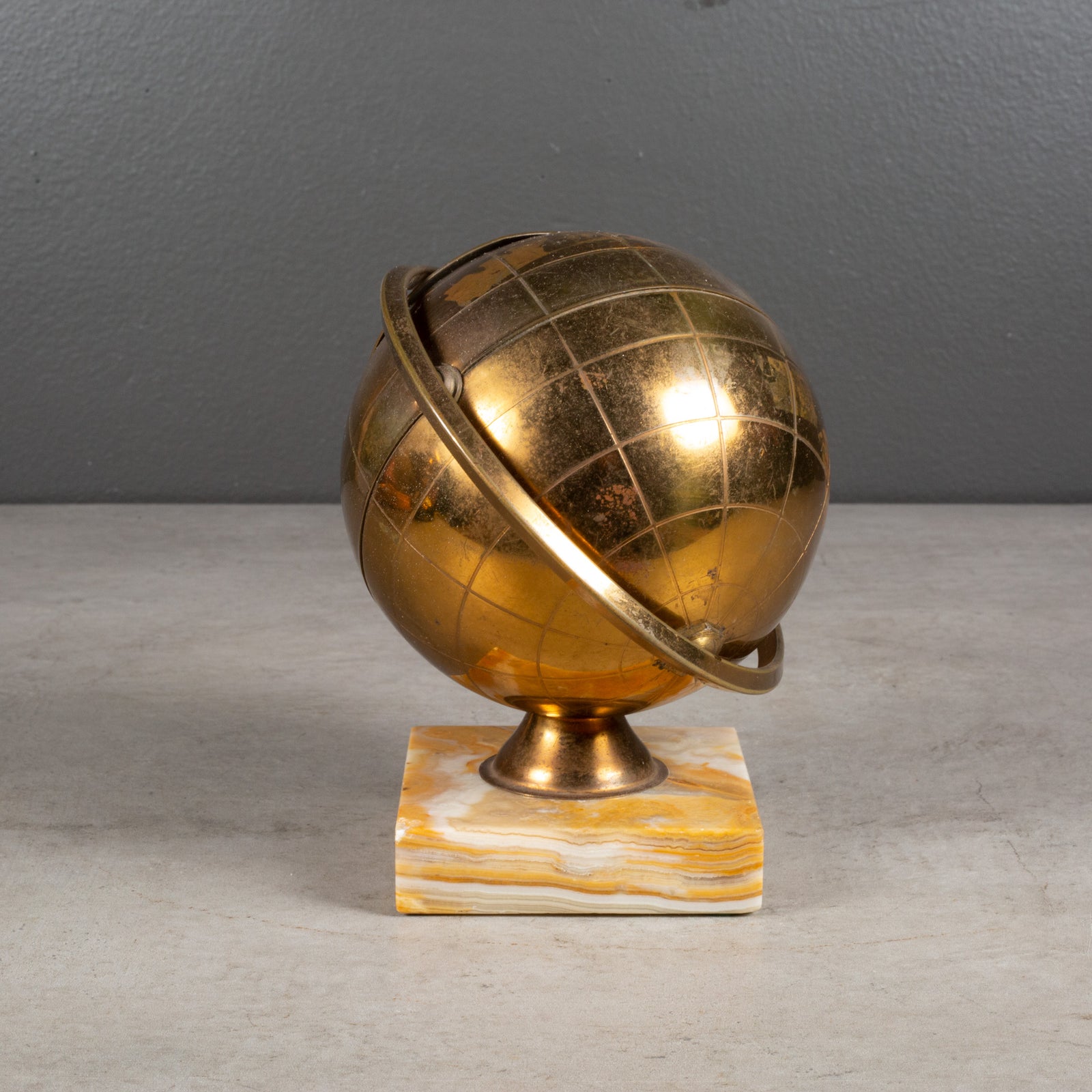 Mid-century Brass Globe Cigarette Holder Mounted on Marble c.1960