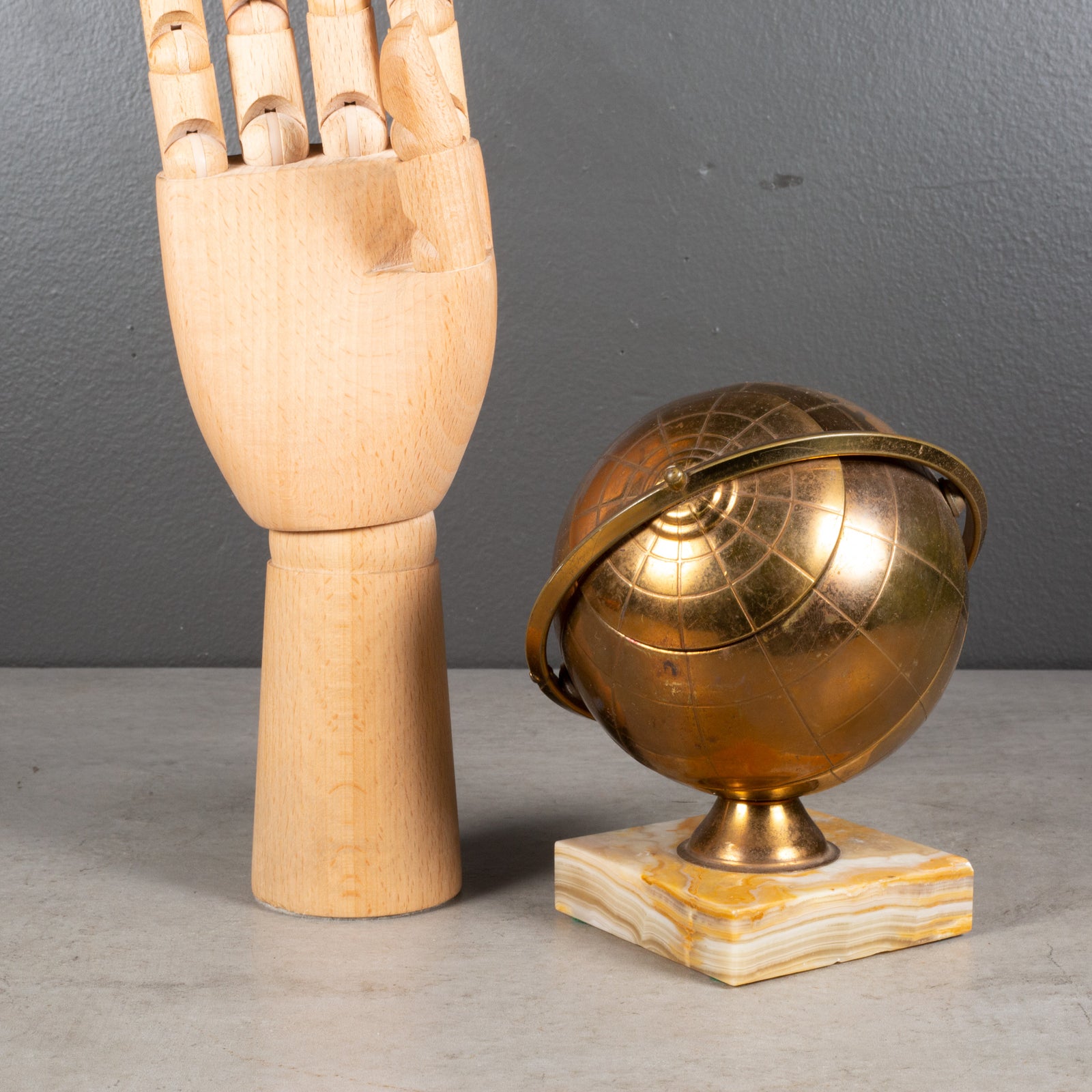 Mid-century Brass Globe Cigarette Holder Mounted on Marble c.1960