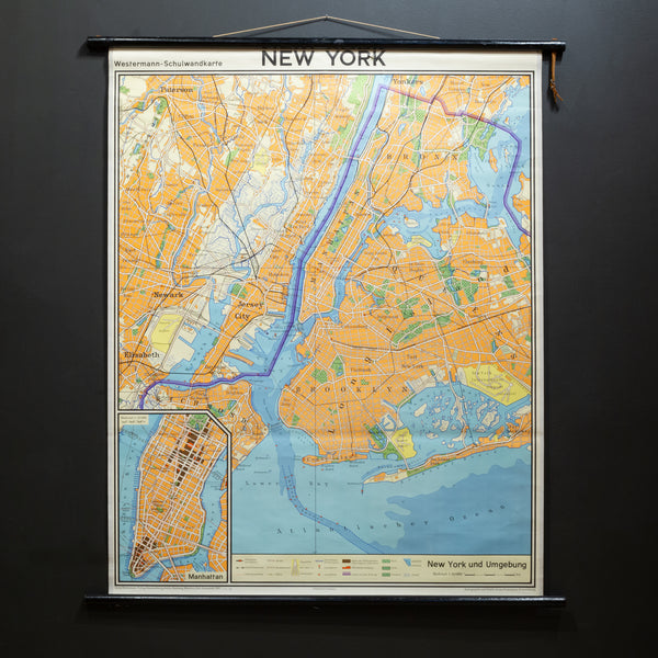 Mid-century German School Wall Map New York City and Vicinity Map c.1962
