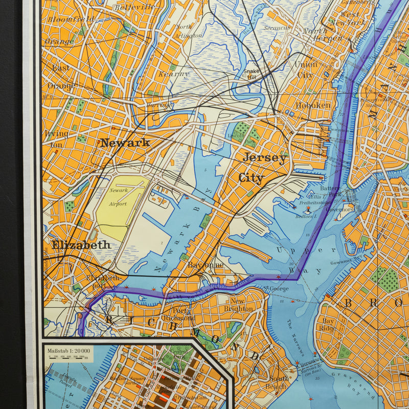 Mid-century German School Wall Map New York City and Vicinity Map c.1962