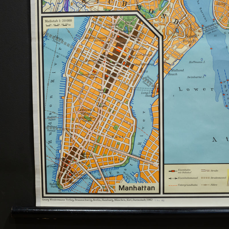 Mid-century German School Wall Map New York City and Vicinity Map c.1962