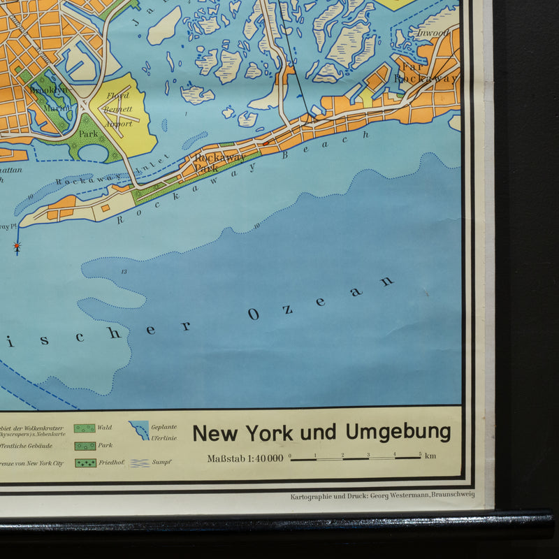 Mid-century German School Wall Map New York City and Vicinity Map c.1962