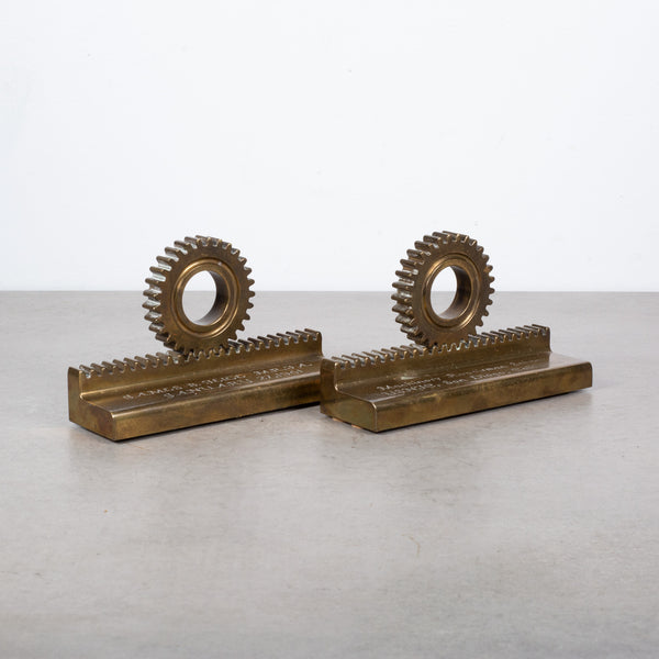 Mid-century Solid Bronze Engraved Gear Bookends c.1961