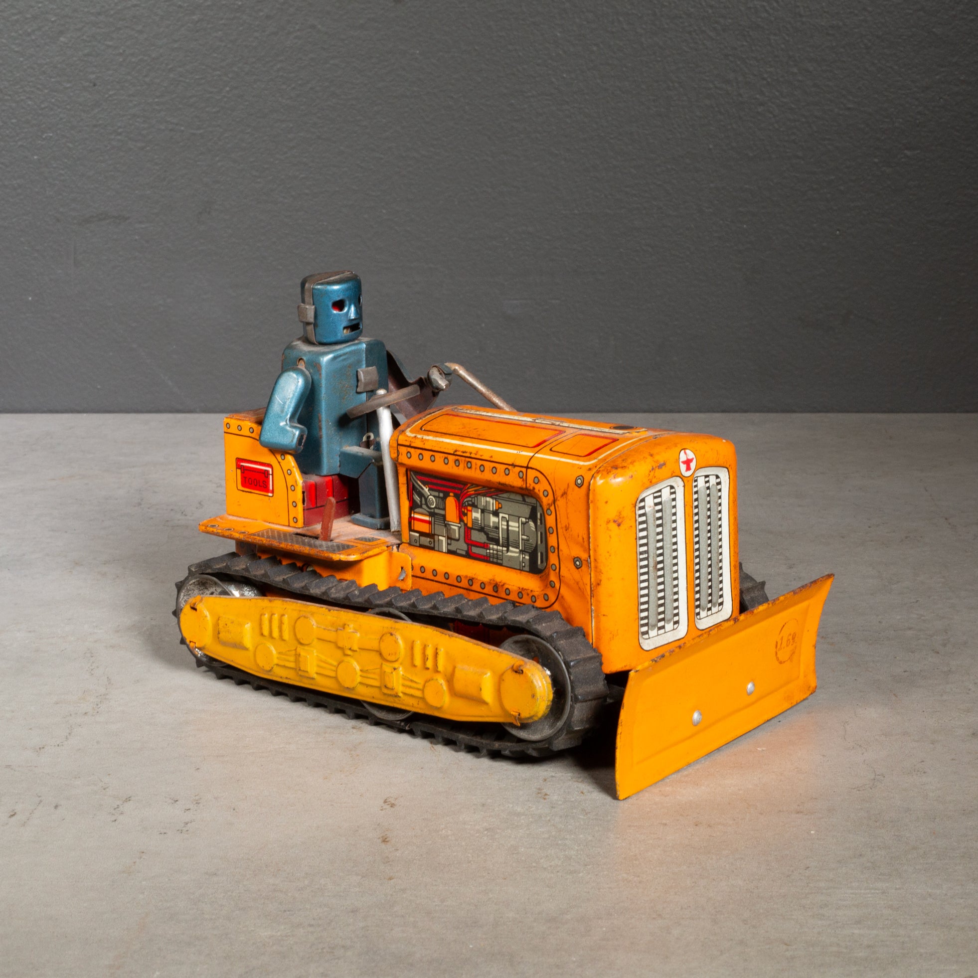 Rare Yoshiya Robot Bulldozer Tin Lithograph Toy-Japan c.1955