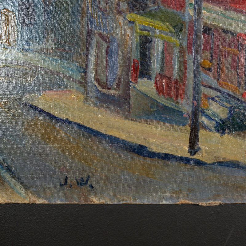 J.W. STREET SCENE, OIL ON CANVAS/MASONITE SIGNED C1940