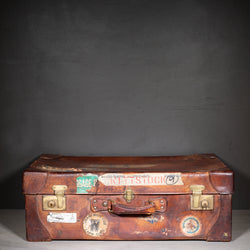 Antique Large Leather Suitcase with Original Travel Stickers c.1920