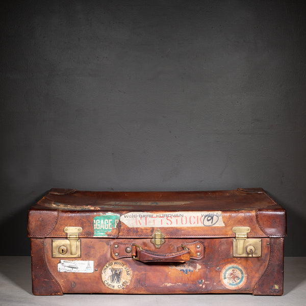 Antique Large Leather Suitcase with Original Travel Stickers c.1920