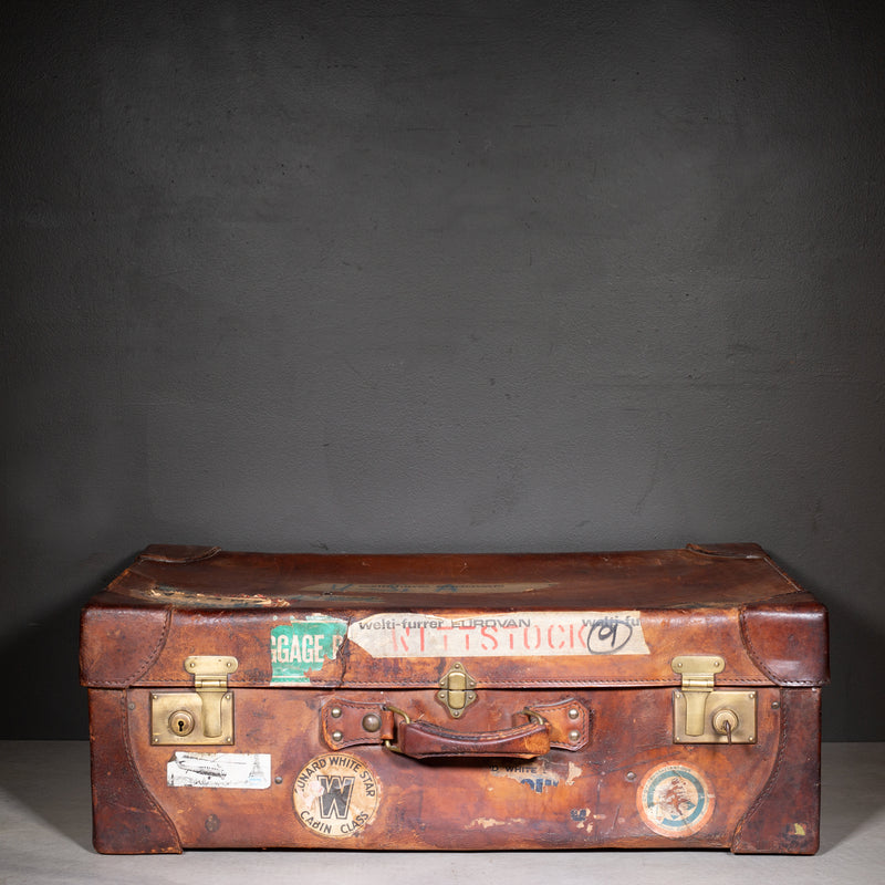 Antique Large Leather Suitcase with Original Travel Stickers c.1920