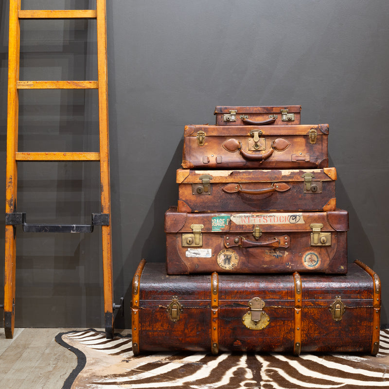 Antique Large Leather Suitcase with Original Travel Stickers c.1920