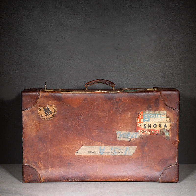 Antique Large Leather Suitcase with Original Travel Stickers c.1920