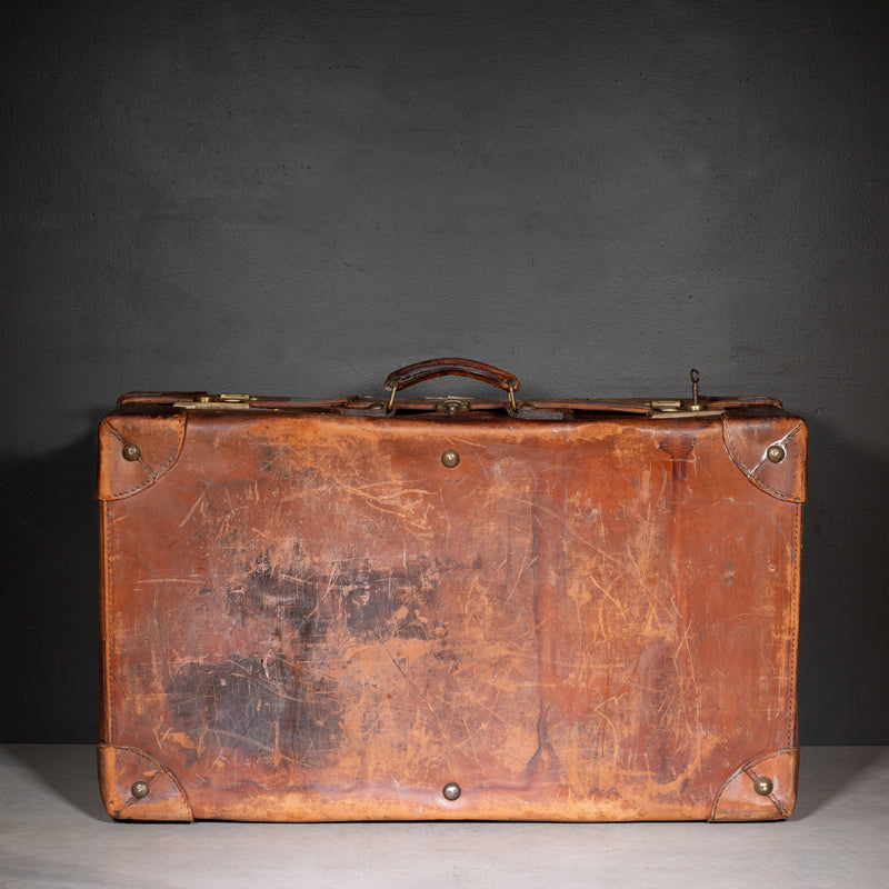 Antique Large Leather Suitcase with Original Travel Stickers c.1920