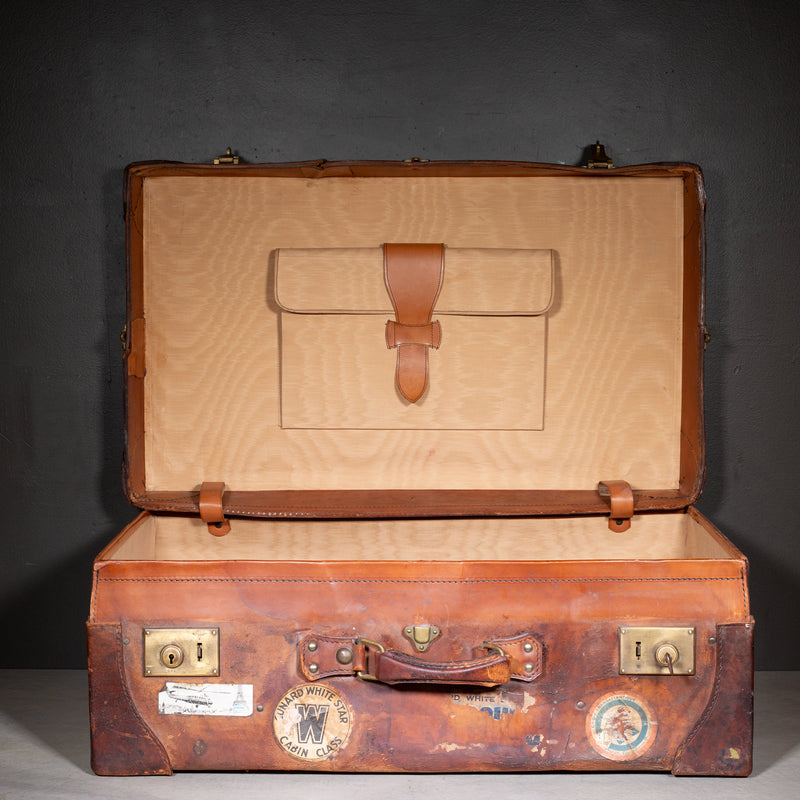 Antique Large Leather Suitcase with Original Travel Stickers c.1920