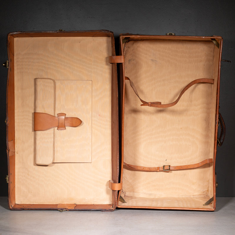 Antique Large Leather Suitcase with Original Travel Stickers c.1920