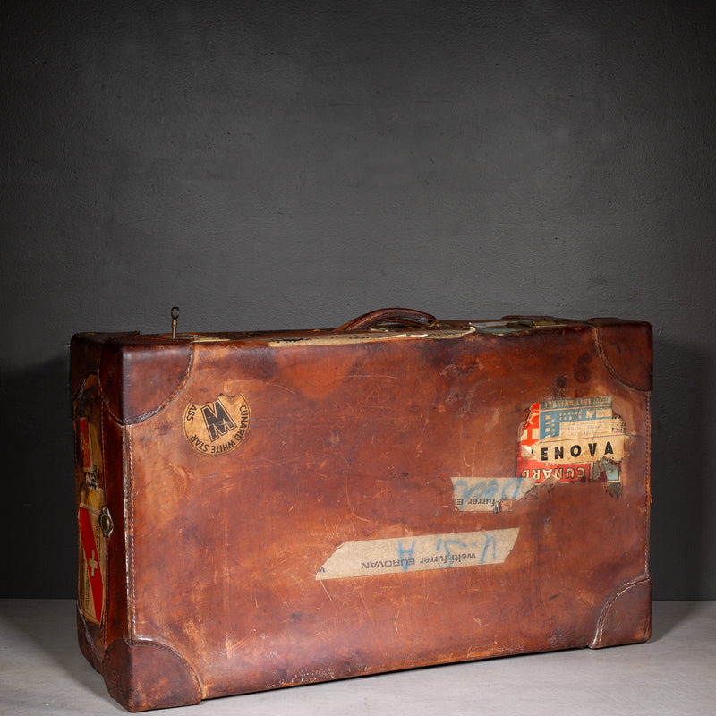 Antique Large Leather Suitcase with Original Travel Stickers c.1920