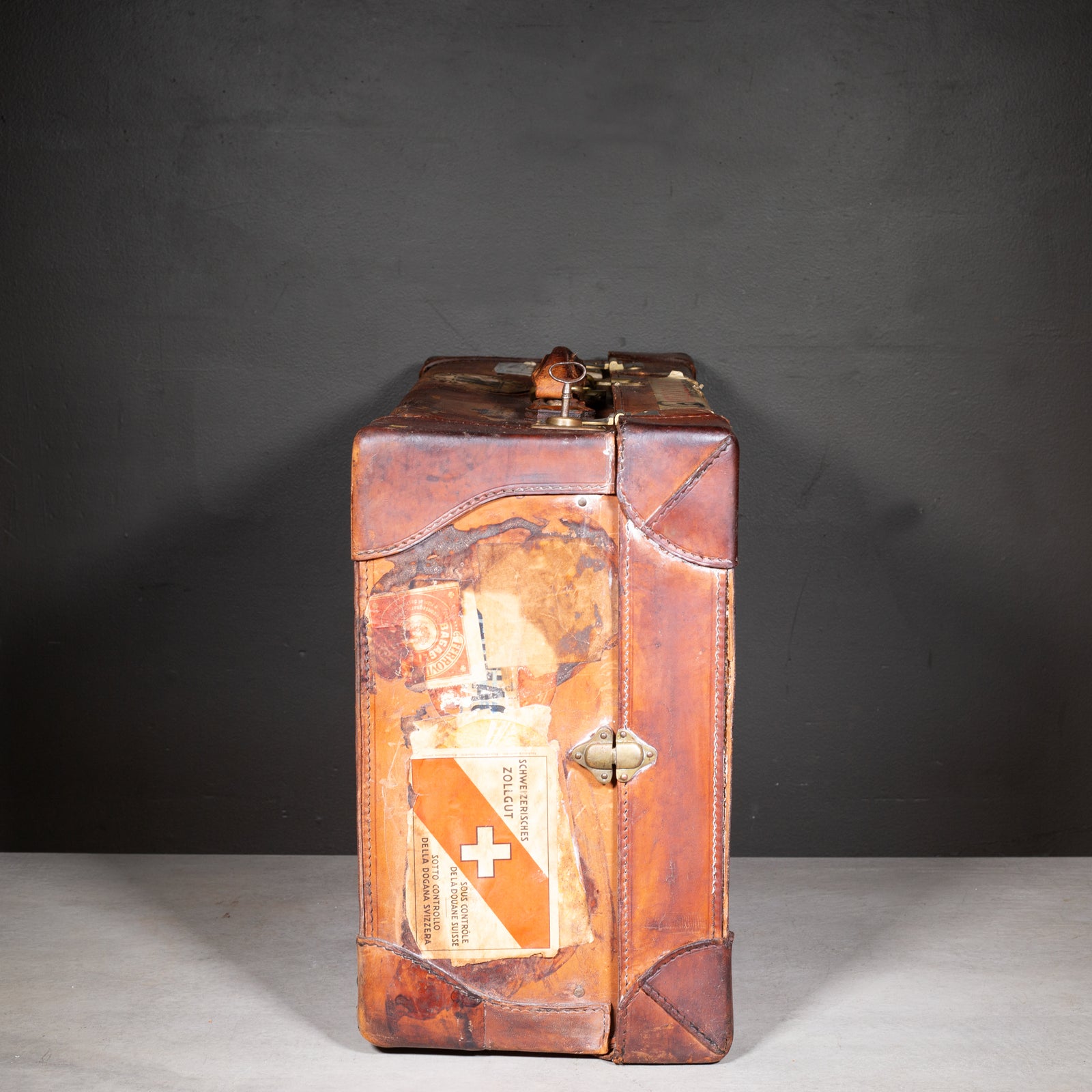 Antique Large Leather Suitcase with Original Travel Stickers c