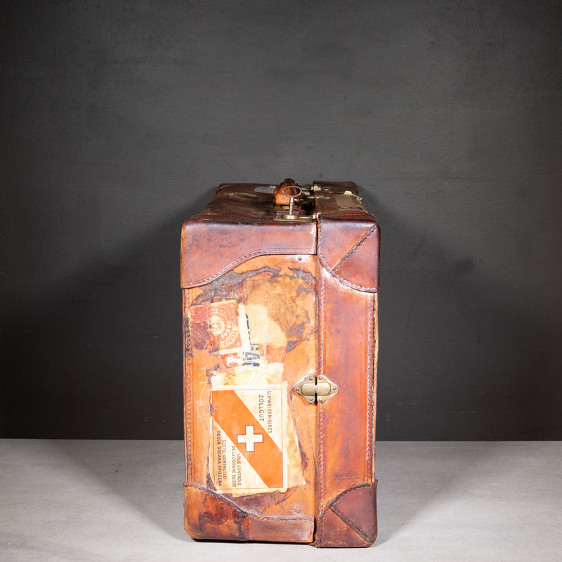 Antique Large Leather Suitcase with Original Travel Stickers c.1920