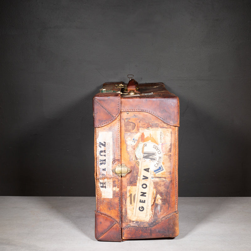 Antique Large Leather Suitcase with Original Travel Stickers c.1920