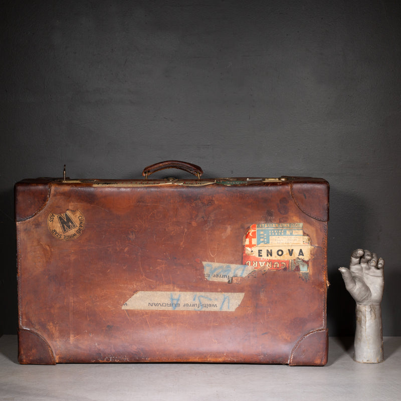 Antique Large Leather Suitcase with Original Travel Stickers c.1920