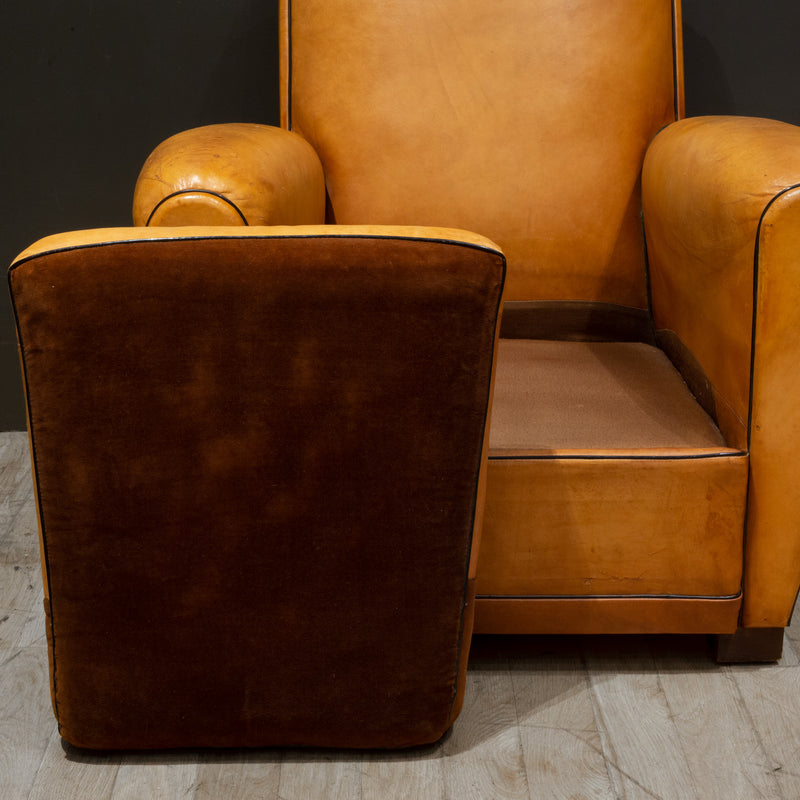 Pair of French Slopeback Light Caramel Leather Club Chairs c.1930