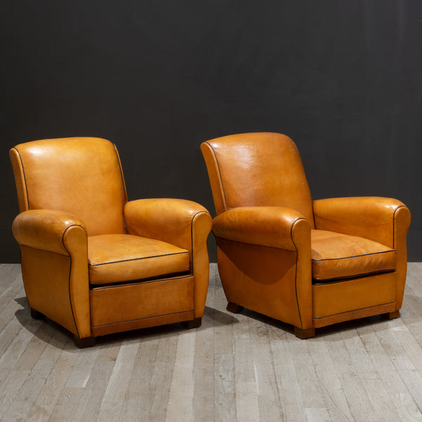 Pair of French Slopeback Light Caramel Leather Club Chairs c.1930-ON HOLD
