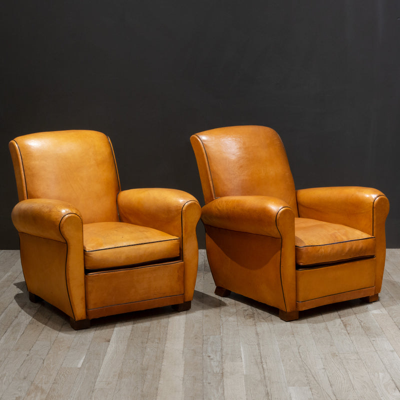 Pair of French Slopeback Light Caramel Leather Club Chairs c.1930