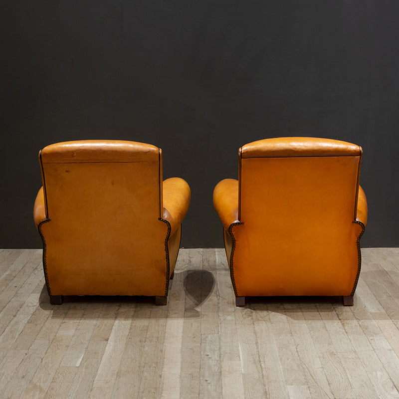 Pair of French Slopeback Light Caramel Leather Club Chairs c.1930