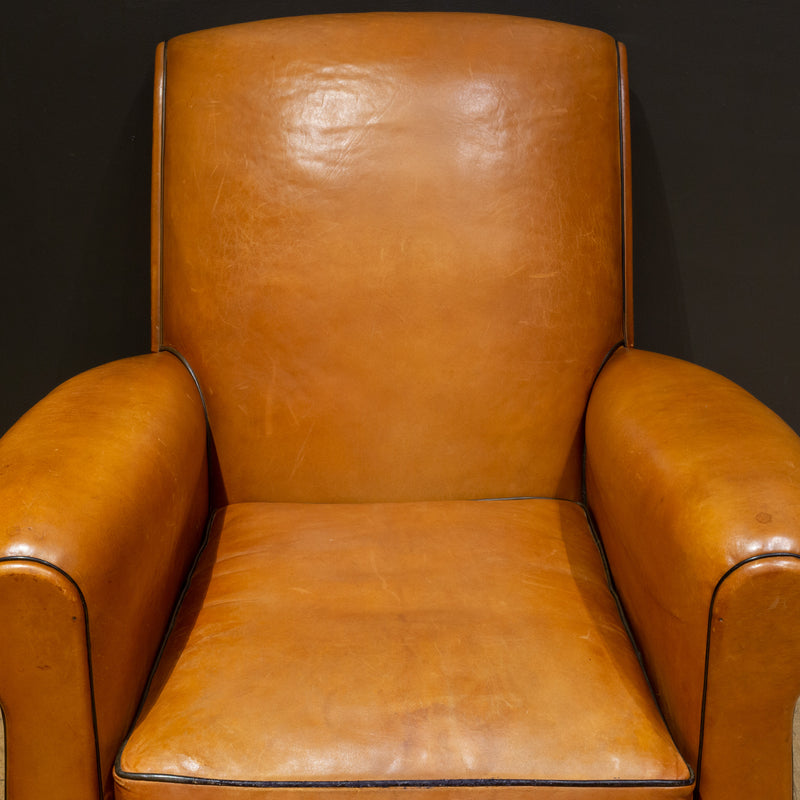 Pair of French Slopeback Light Caramel Leather Club Chairs c.1930