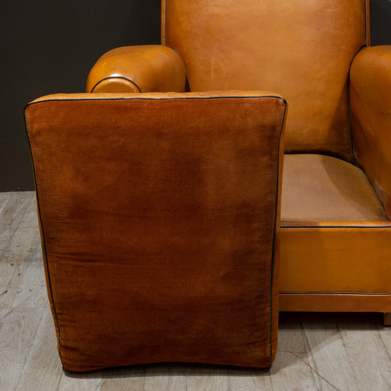 Pair of French Slopeback Light Caramel Leather Club Chairs c.1930