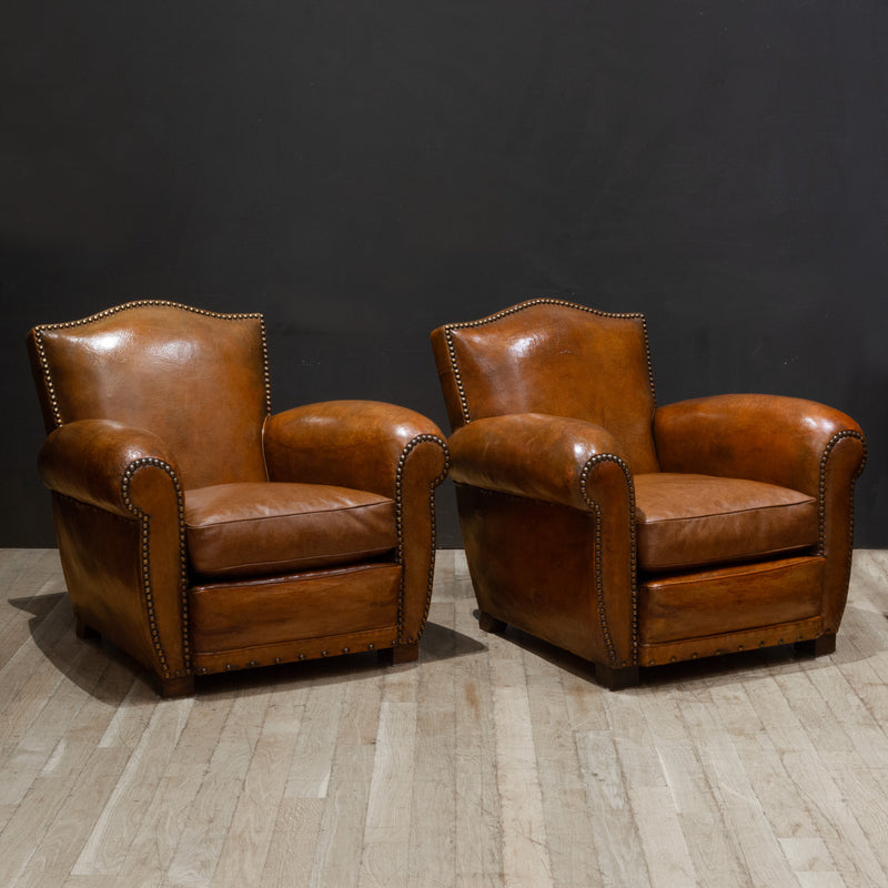 French Art Deco Mustache Leather Club Chairs c.1930