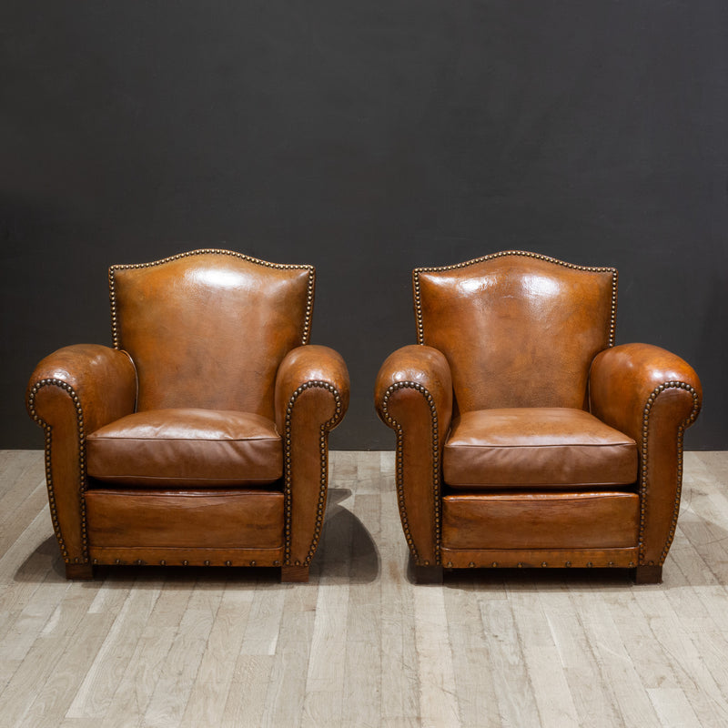 French Art Deco Mustache Leather Club Chairs c.1930