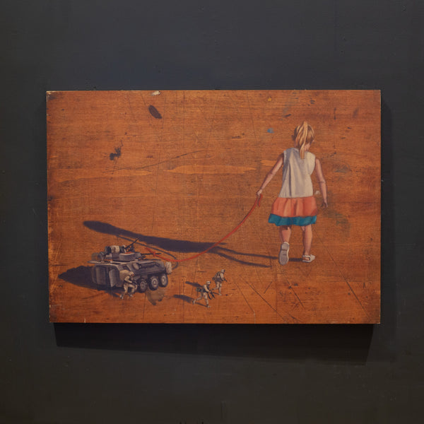 Banksy Style, Girl Pulling Tank, Print on Wood