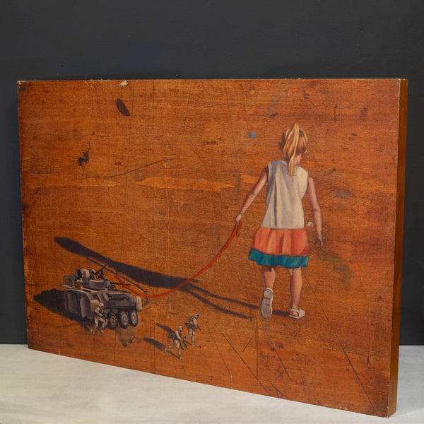 Banksy Style, Girl Pulling Tank, Print on Wood