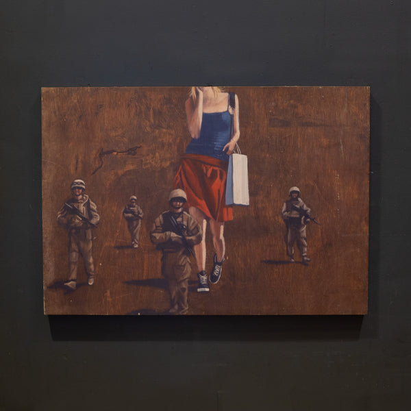 Banksy Style, Woman Shopping with Soldiers, Print on Wood