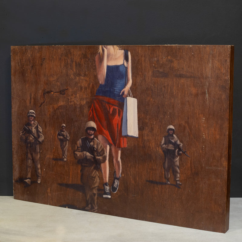 Banksy Style, Woman Shopping with Soldiers, Print on Wood