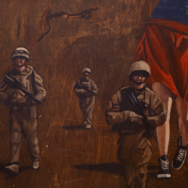 Banksy Style, Woman Shopping with Soldiers, Print on Wood