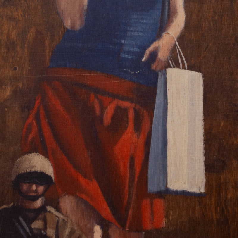 Banksy Style, Woman Shopping with Soldiers, Print on Wood