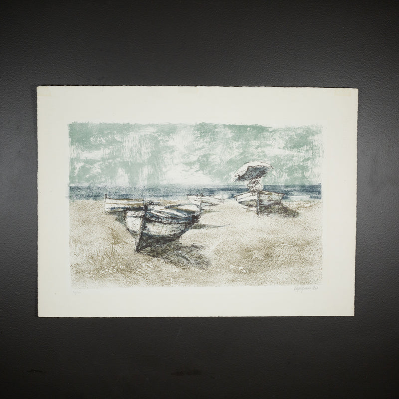 RENZO VESPIGNANI, SAILBOATS ON SHORE, LIMITED EDITION LITHOGRAPH, SIGNED 1960