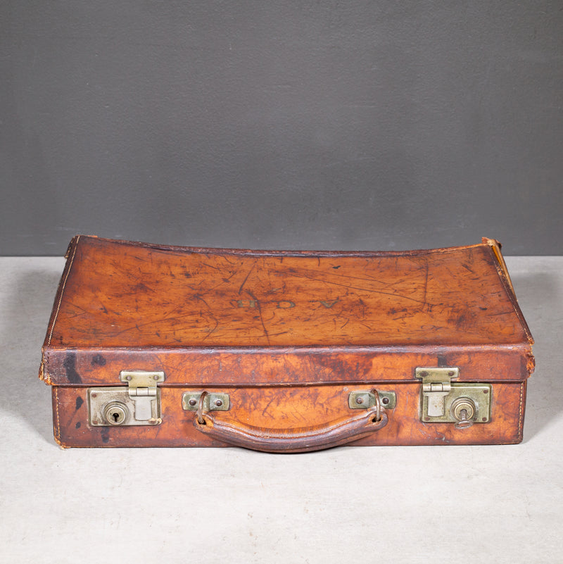 Small Leather Monogrammed Briefcase with Original Travel Tag c.1940