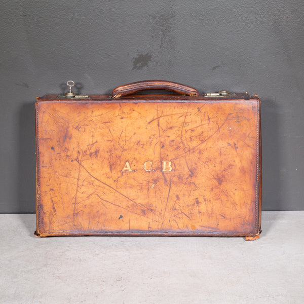 Small Leather Monogrammed Briefcase with Original Travel Tag c.1940
