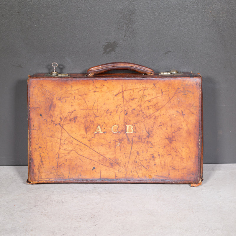 Small Leather Monogrammed Briefcase with Original Travel Tag c.1940