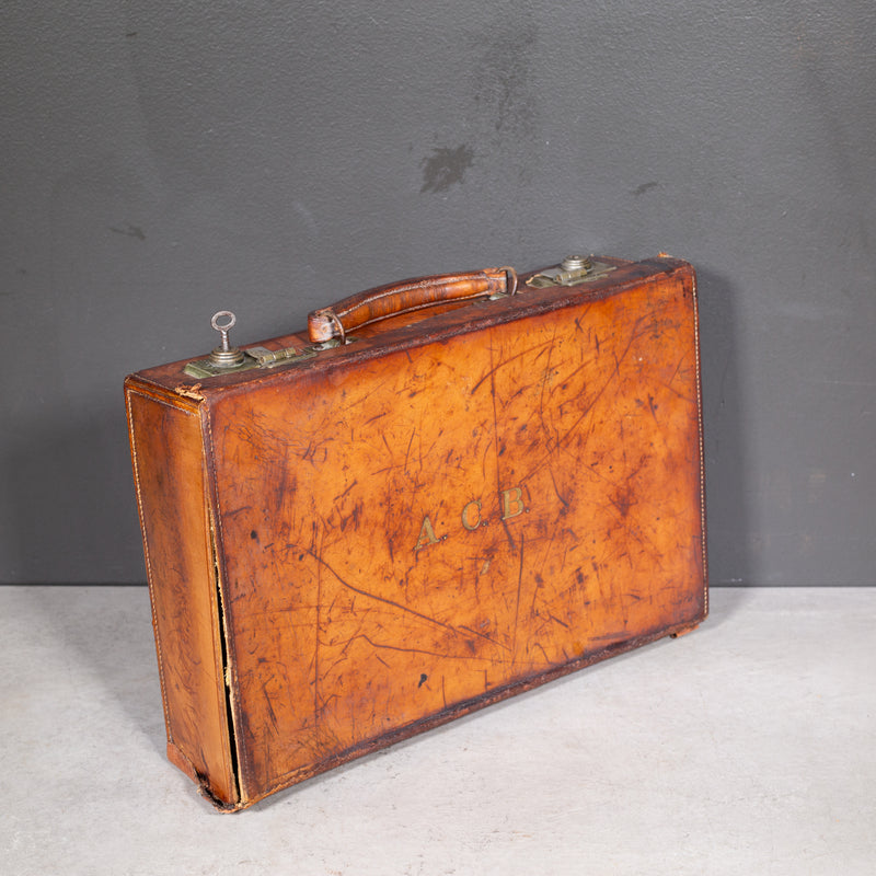 Small Leather Monogrammed Briefcase with Original Travel Tag c.1940