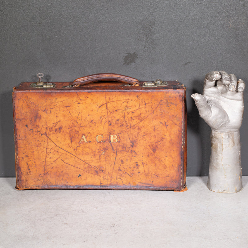 Small Leather Monogrammed Briefcase with Original Travel Tag c.1940