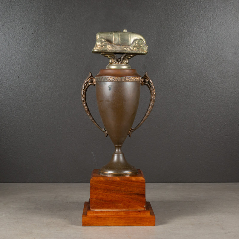 Vintage Copper and Brass Plated Racing Car Urn Trophy c.1940-1970