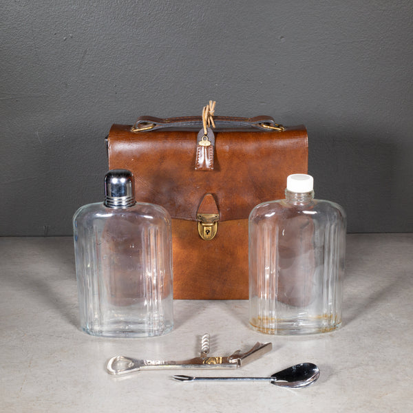 Vintage Leather Double Flask Travel Bar Set c.1970