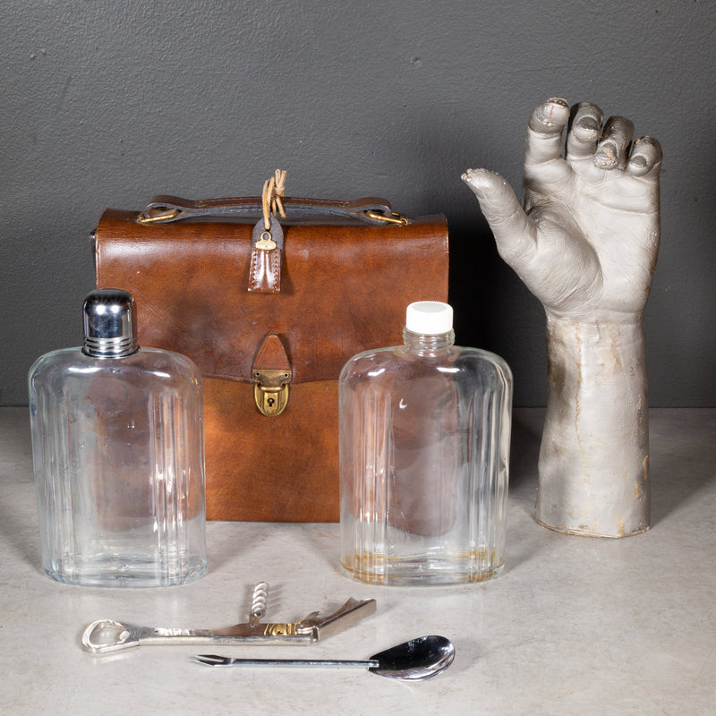 Vintage Leather Double Flask Travel Bar Set c.1970