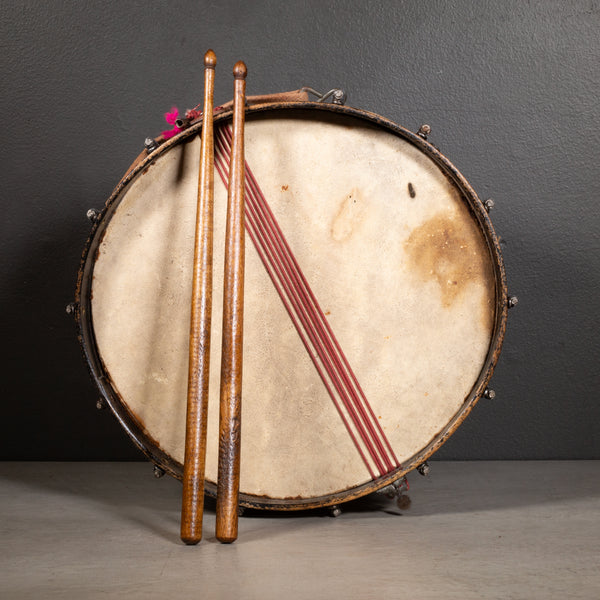 Vintage Calfskin Snare Drum and Drumsticks c.1920-1950